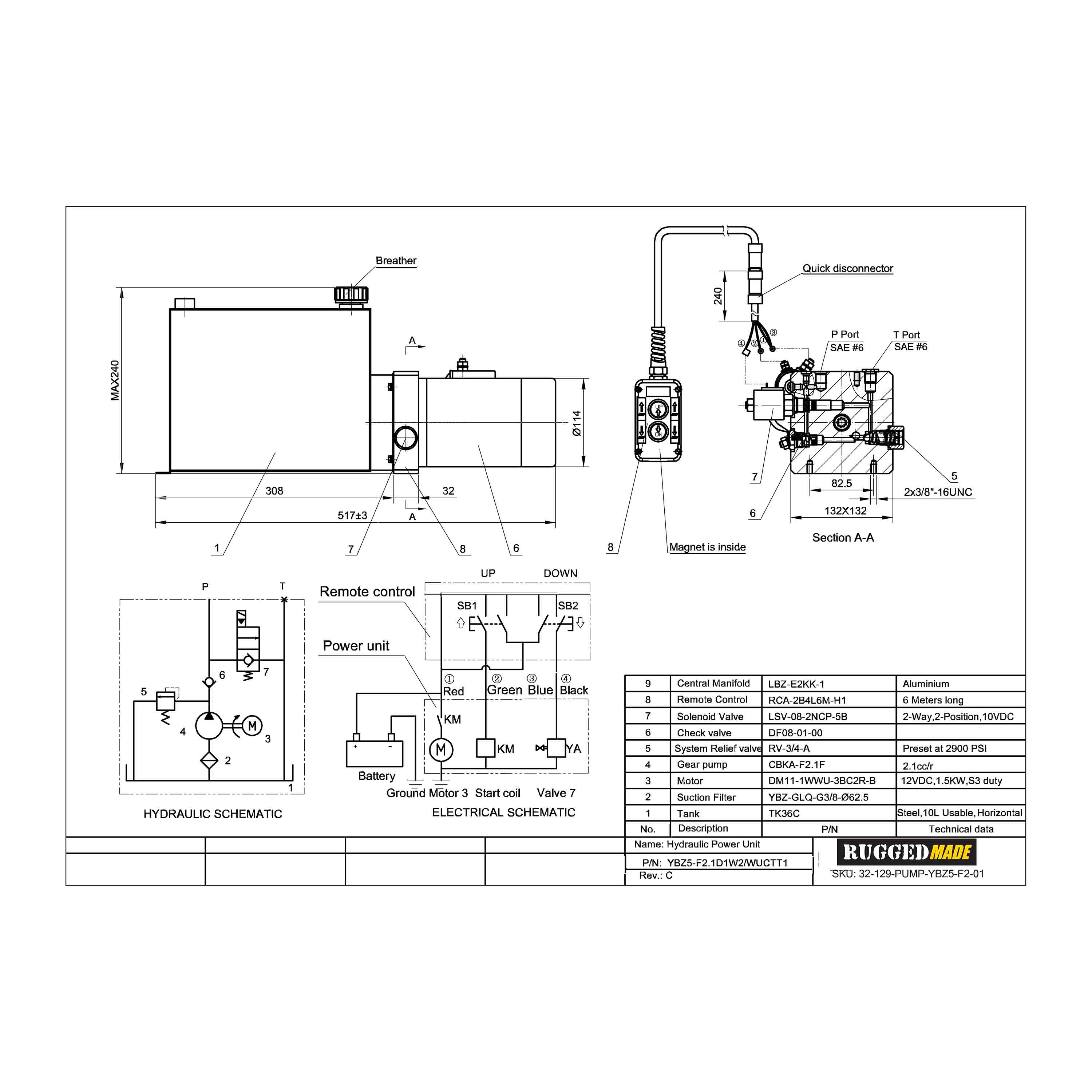 Single Acting, 12V Motor Dump Trailer Hydraulic Power Unit Schematic Drawing