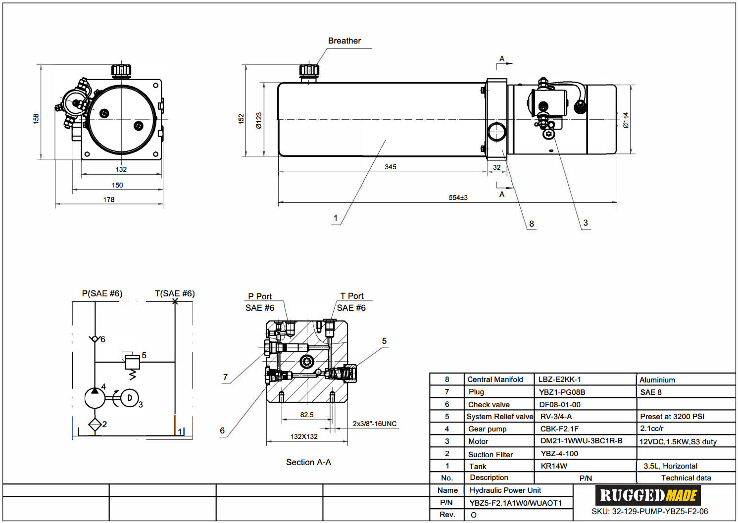 12V Motor, Remote Control Hydraulic Power Unit Schematic Drawing