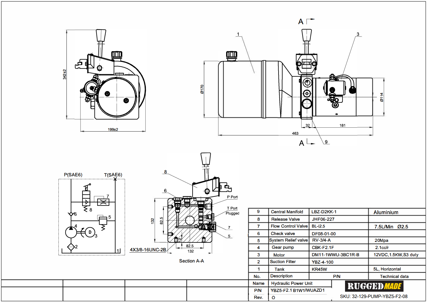 12V Motor, Manual Hydraulic Power Unit Schematic Drawing