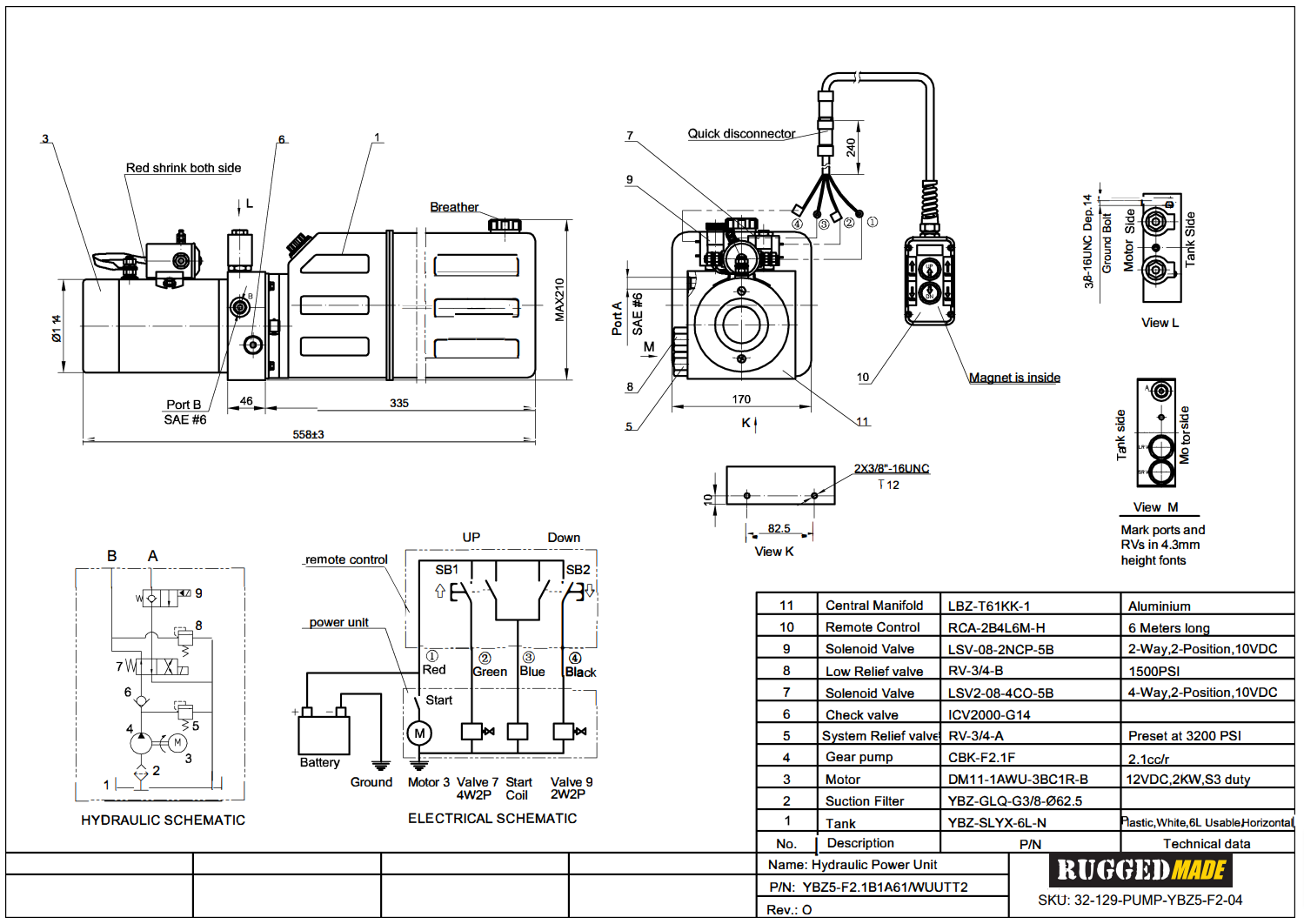 Double Acting, 12V Motor Dump Trailer Hydraulic Power Unit Schematic Drawing