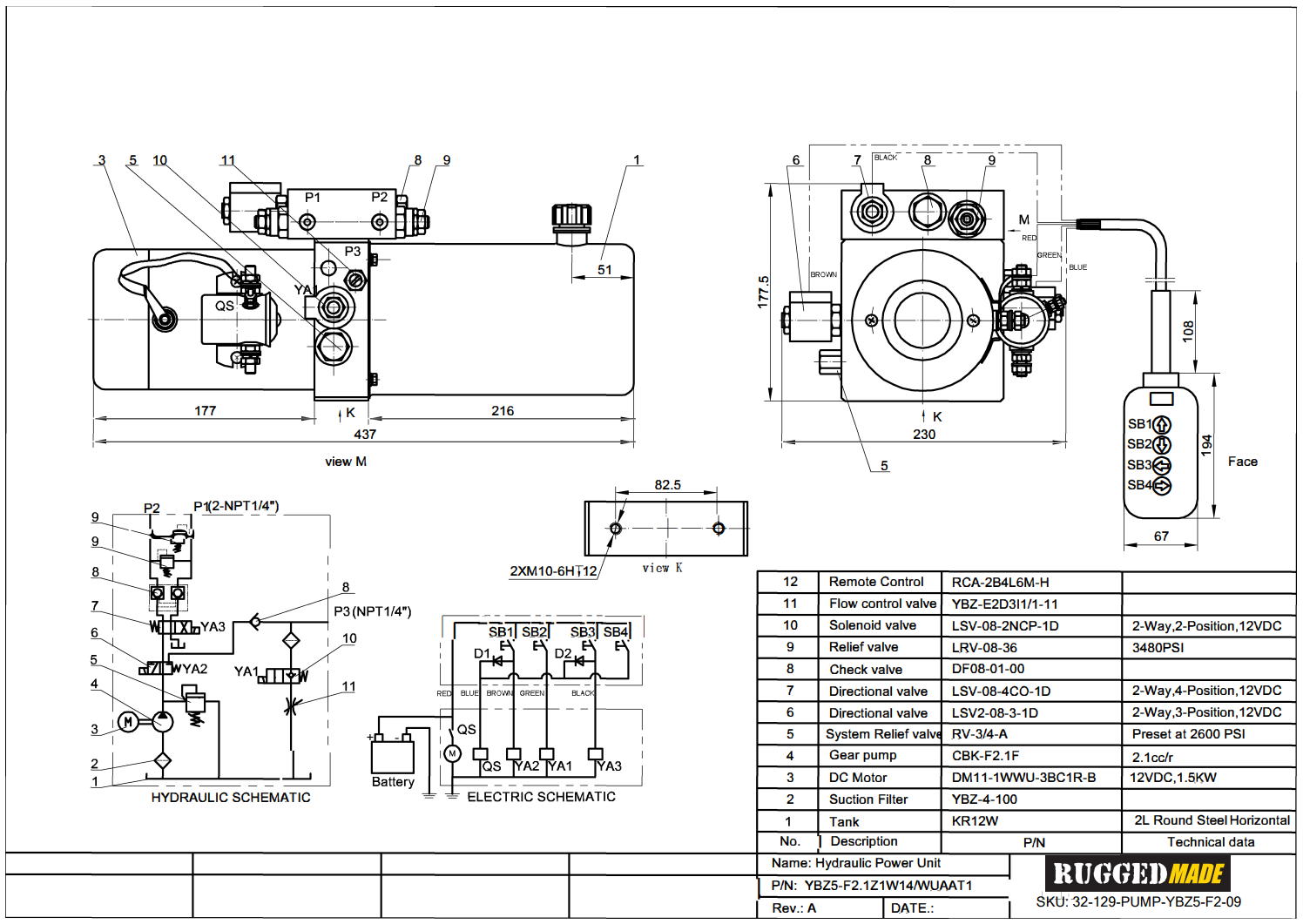 12V Motor Snowplow Hydraulic Power Unit Schematic Drawing