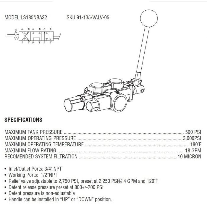 18 GPM, 1/2" Work Ports, Auto Return Detent Log Splitter Valve Schematic Drawing