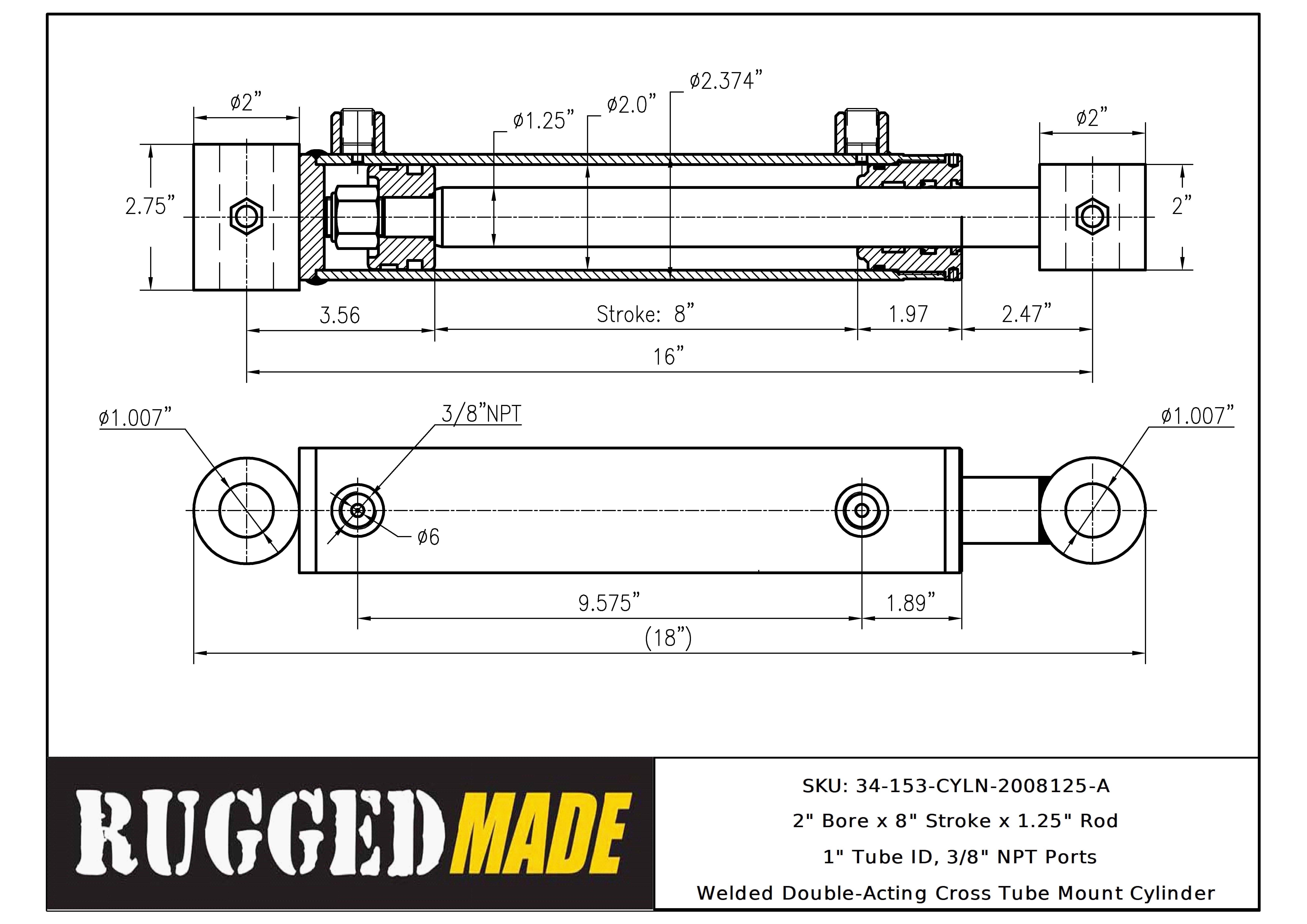 2" Bore, 8" Stroke, 1.25" Rod, 3 O'Clock Ports Cylinder Drawing