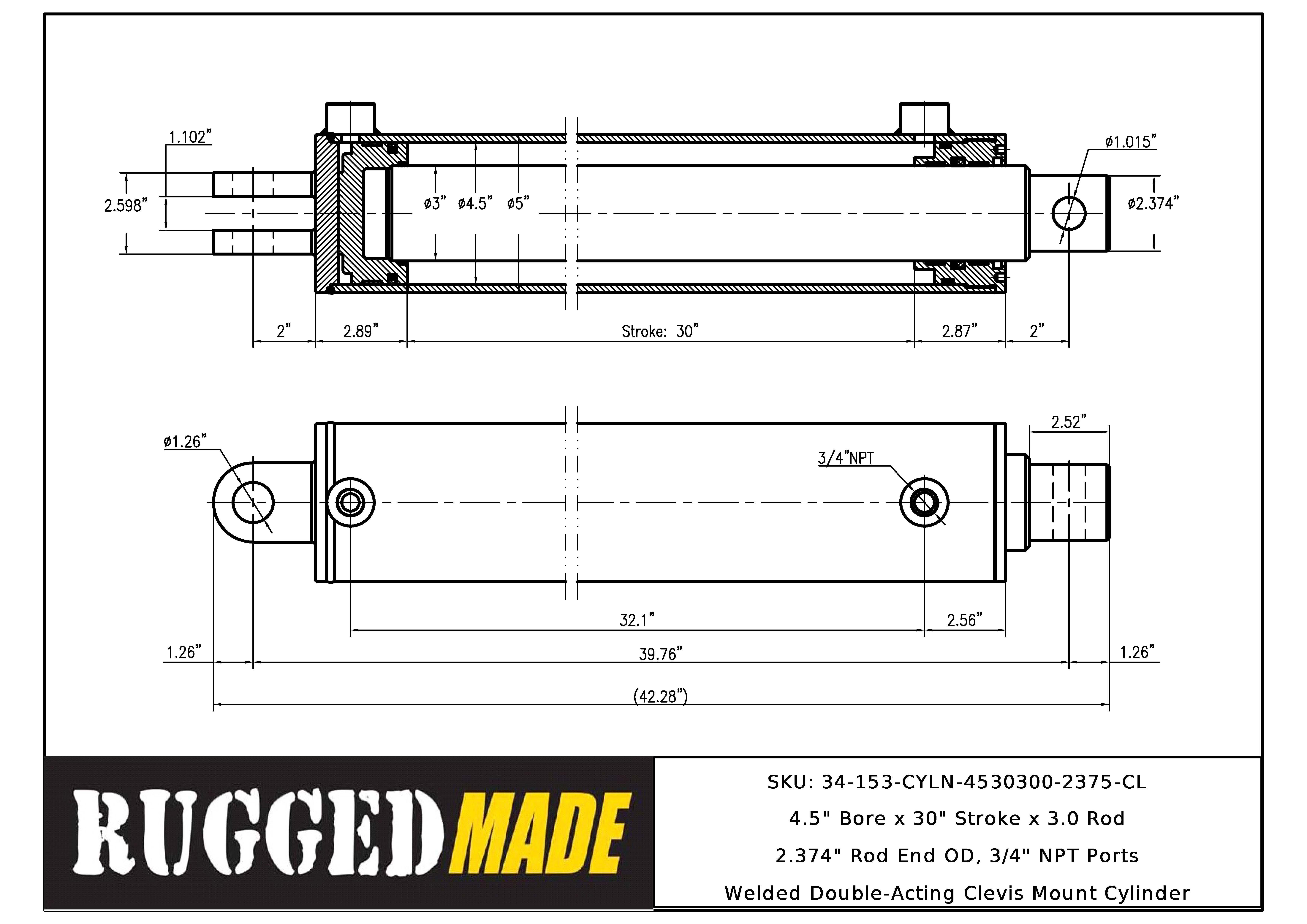 4.5" Bore, 30" Stroke, 3" Rod Log Splitter Cylinder Drawing