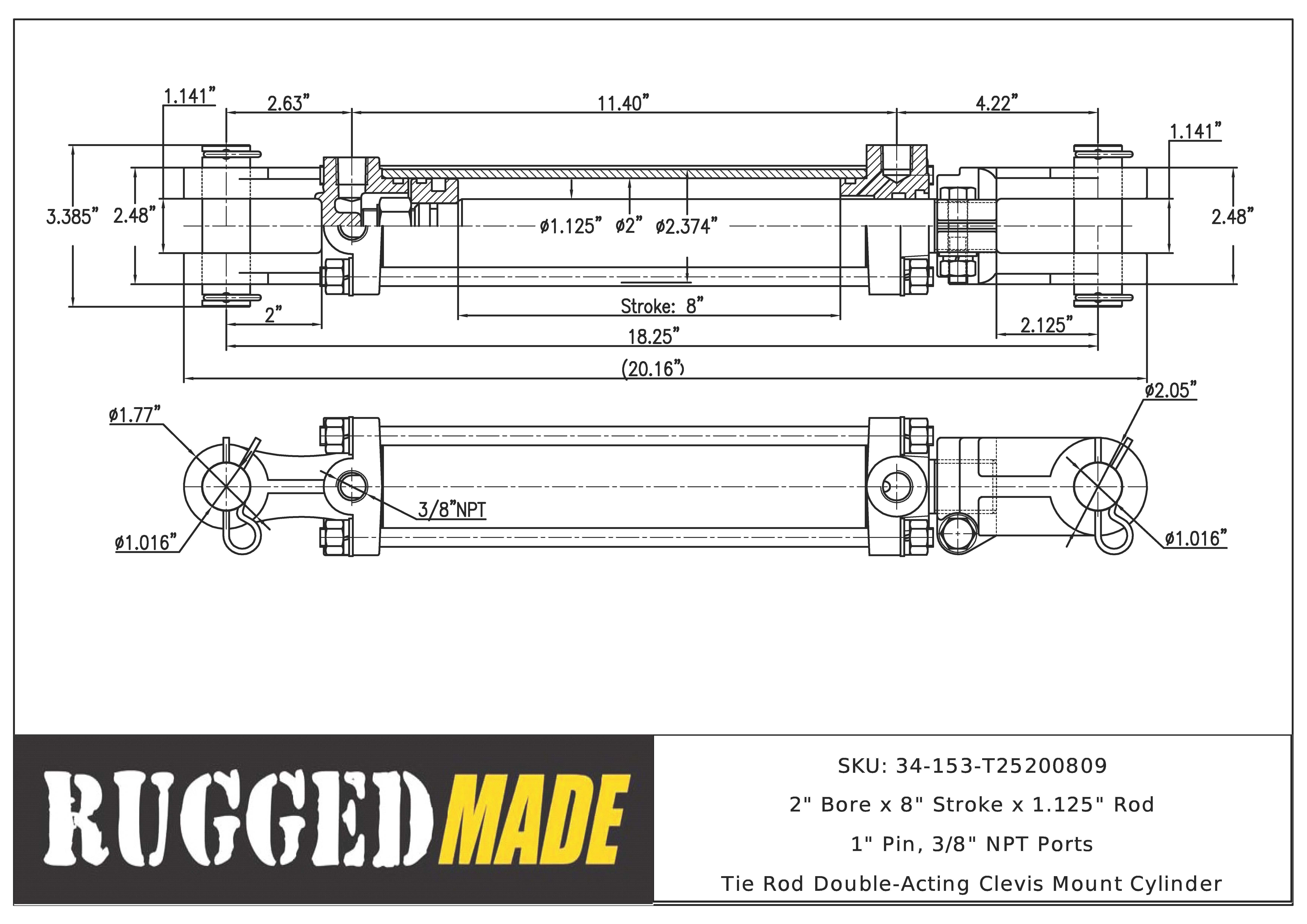 2" Bore, 8" Stroke, 1.125" Rod Cylinder Drawing