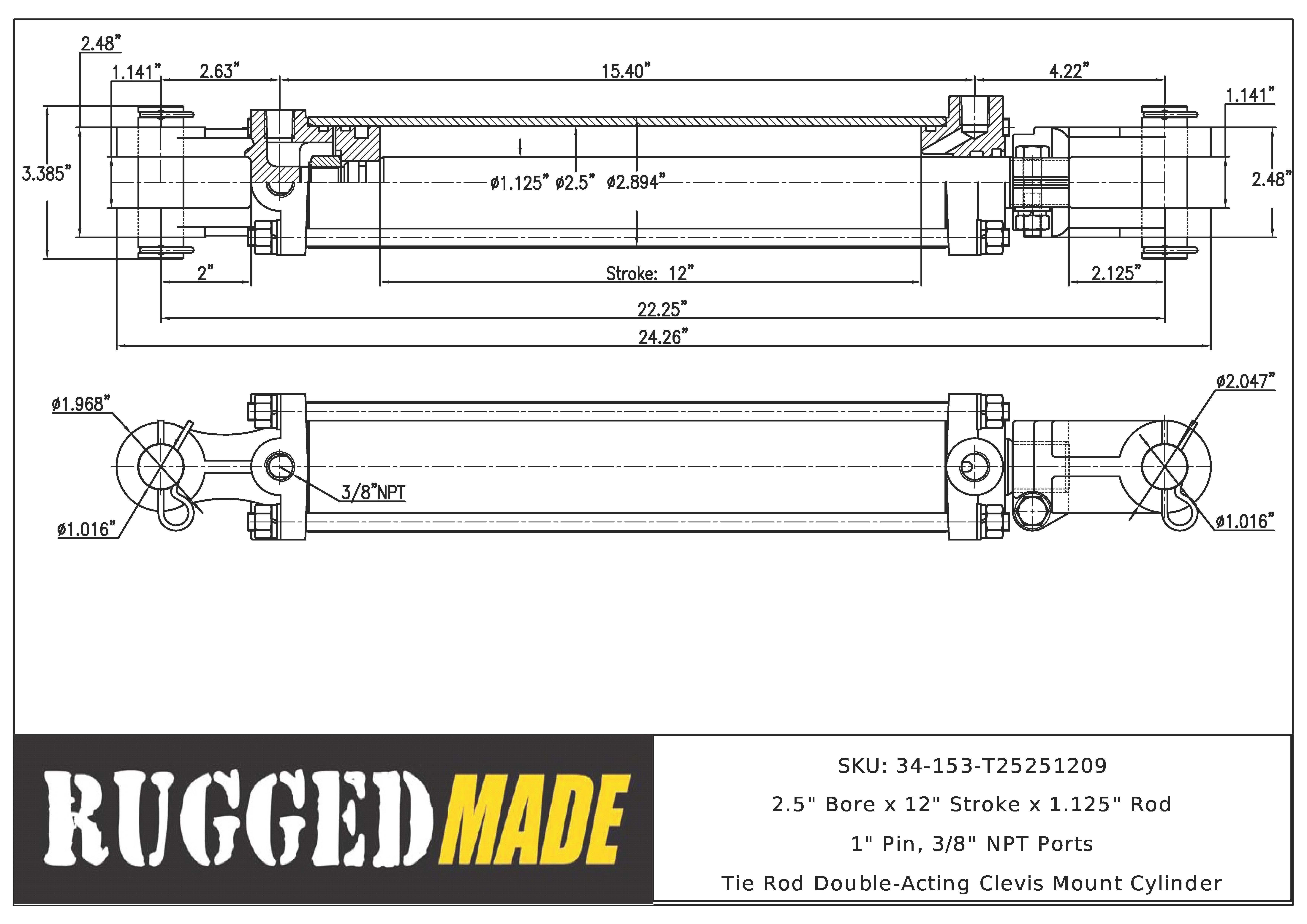 2.5" Bore, 12" Stroke, 1.125" Rod Cylinder Drawing