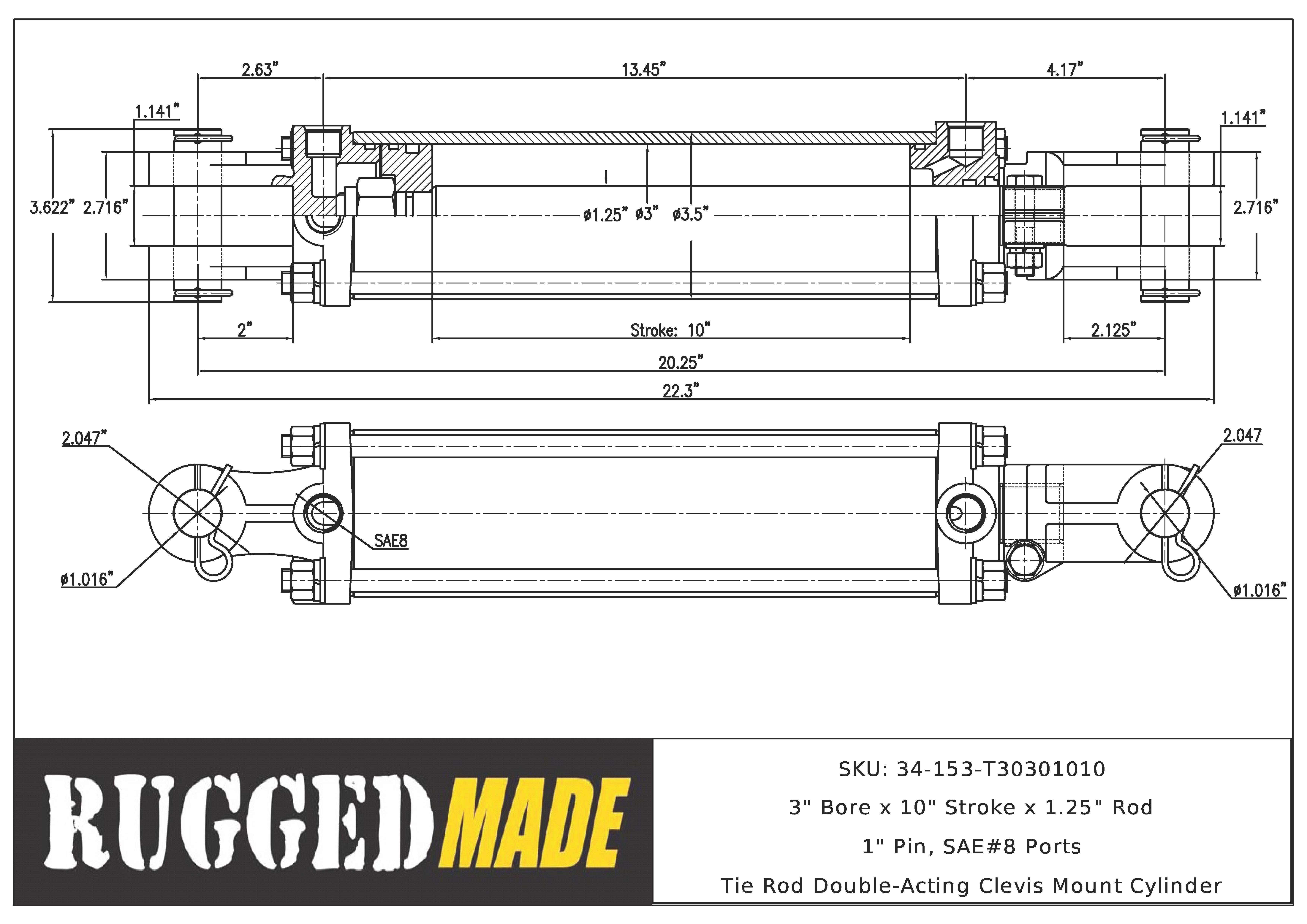 3" Bore, 10" Stroke, 1.25" Rod Cylinder Drawing