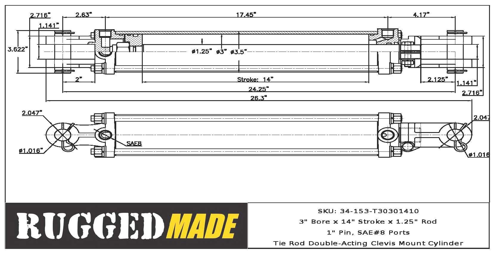 3" Bore, 14" Stroke, 1.25" Rod Cylinder Drawing