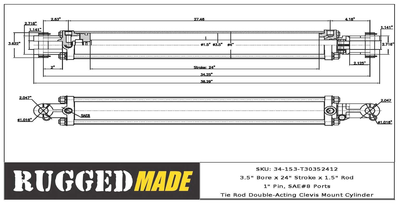 3.5" Bore, 24" Stroke, 1.5" Rod Cylinder Drawing