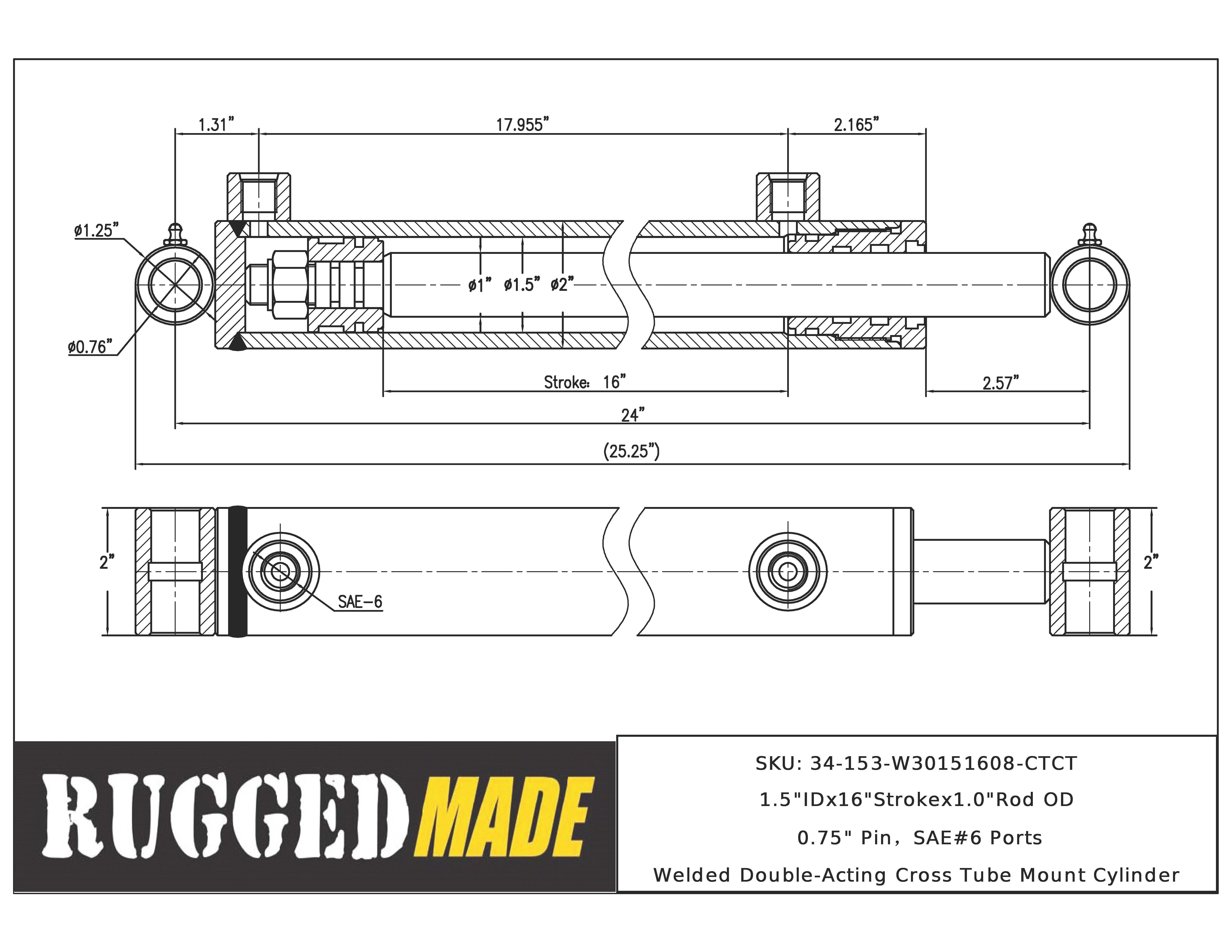 1.5" Bore, 16" Stroke, 1" Rod Cylinder Drawing