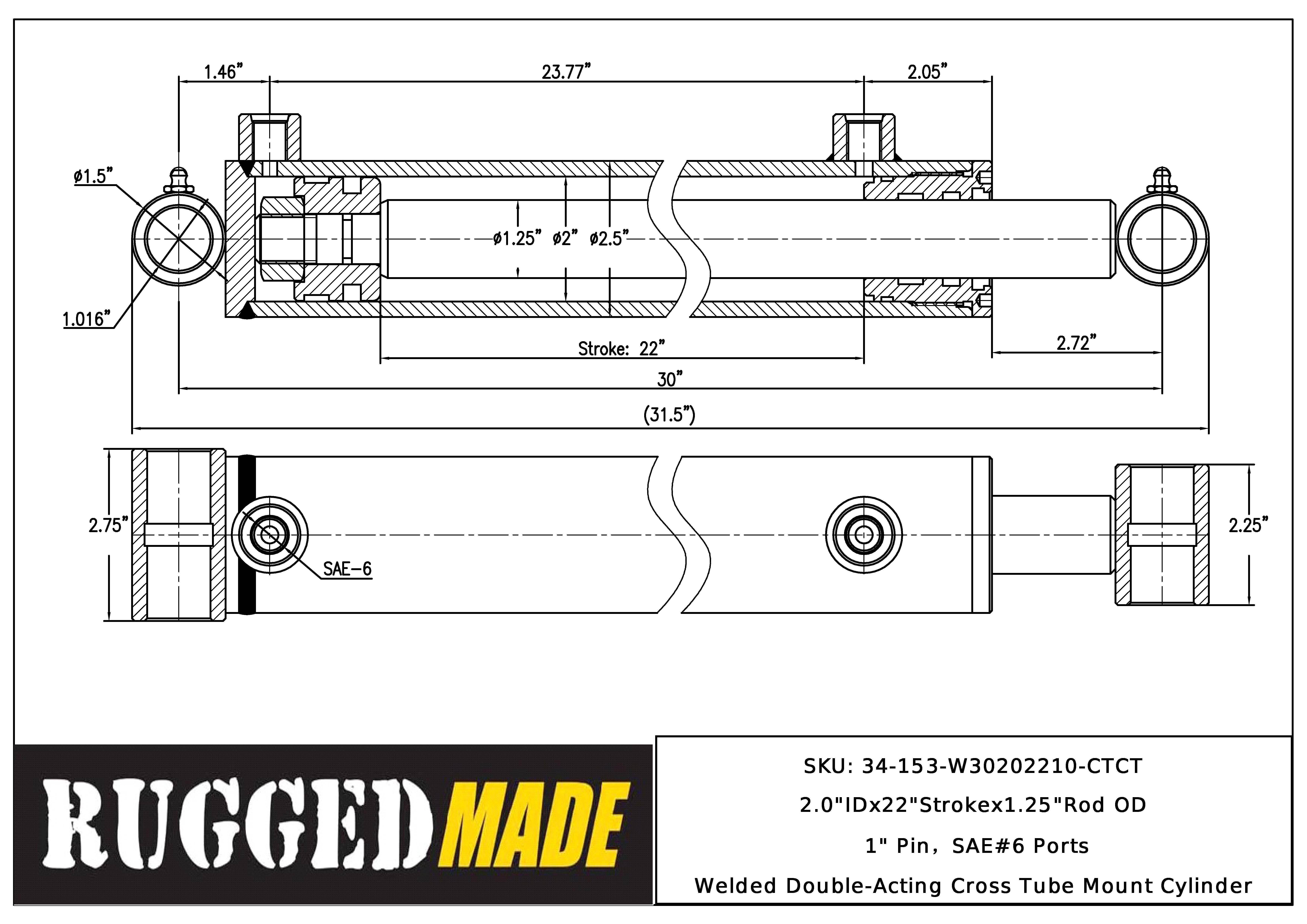 2" Bore, 22" Stroke, 1.25" Rod Cylinder Drawing