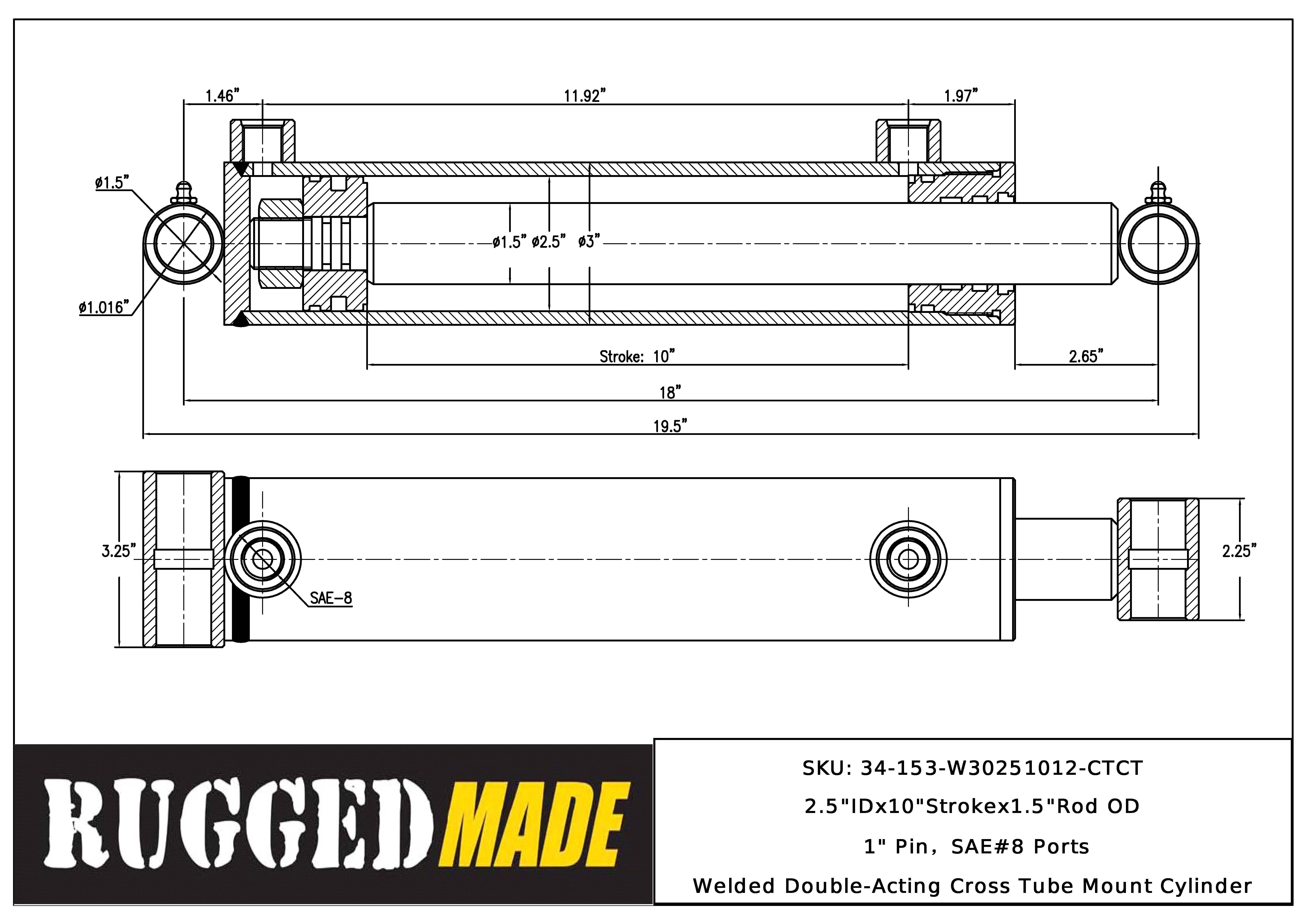 2.5" Bore, 10" Stroke, 1.5" Rod Cylinder Drawing