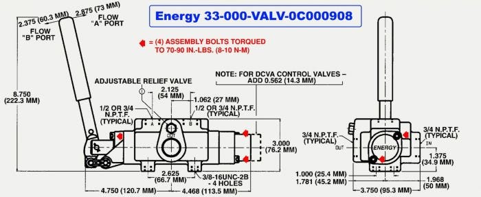 20 GPM, 1/2" Work Ports, Auto Return Detent Energy Log Splitter Valve Drawing