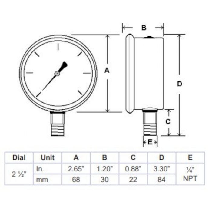 0 to 10,000 PSI PIC Hydraulic Pressure Gauge Drawing